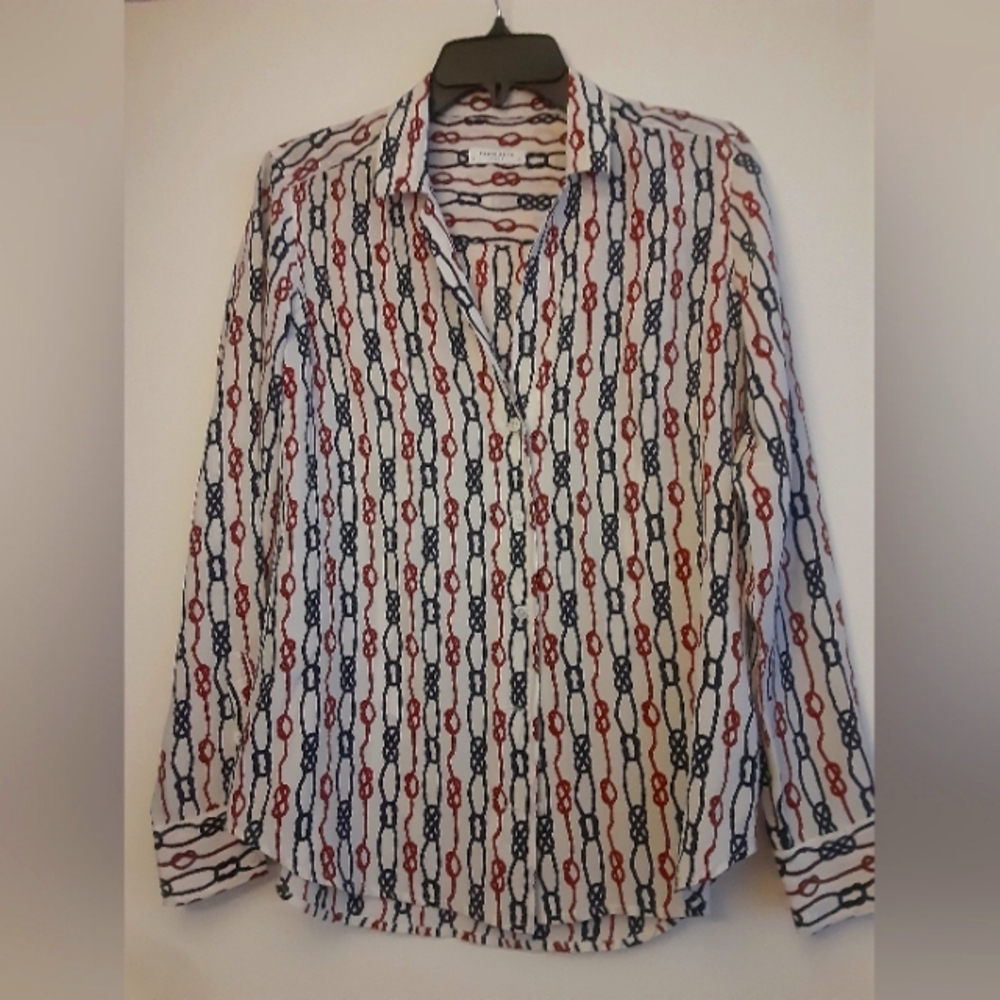 Equipment Red and Blue Casual Button Down Shirt with Geometric Pattern,Size S